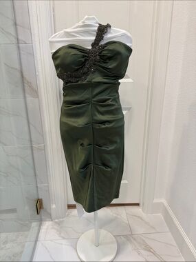 Cache Olive Green One-Shoulder Cocktail Dress with Beaded Strap